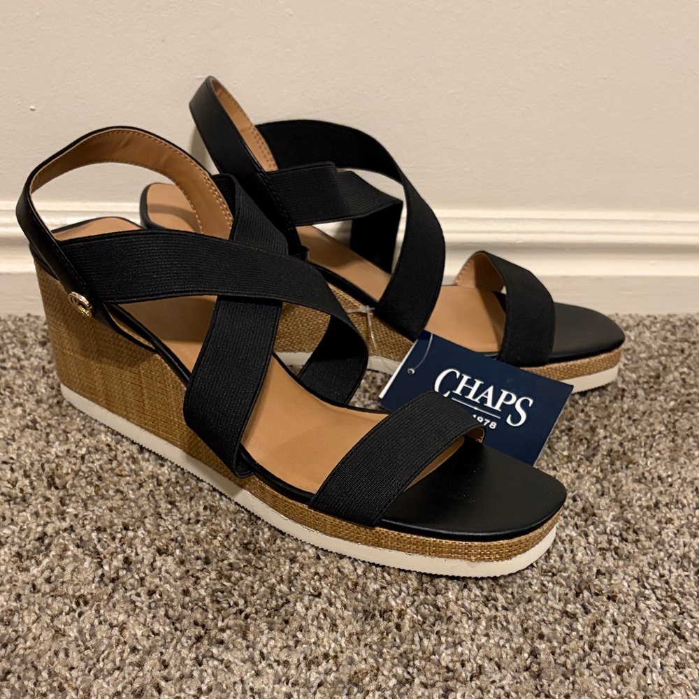 Chaps Black and Tan Crossband Wedge Sandals